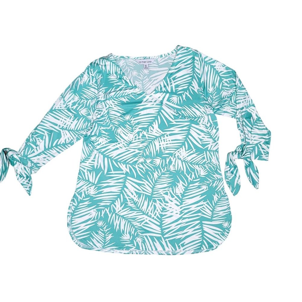 La Mer Lux v neck tropical palm frond tie 3/4 sleeve top beach, pool, vacation
